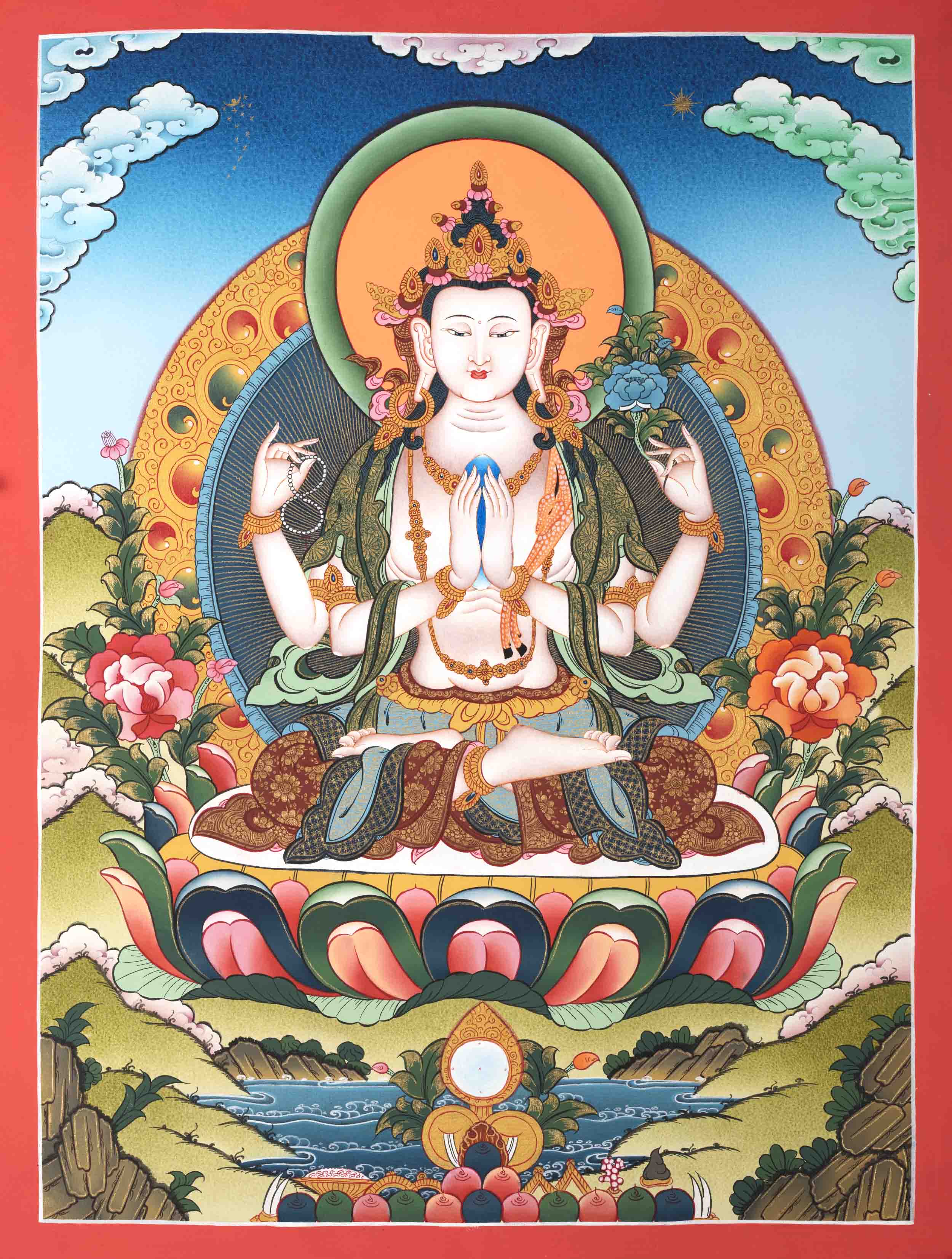 Avalokiteshvara | 4 Armed Chengrezig Masterpiece Thangka Painting | Bodhisattva of Compassion